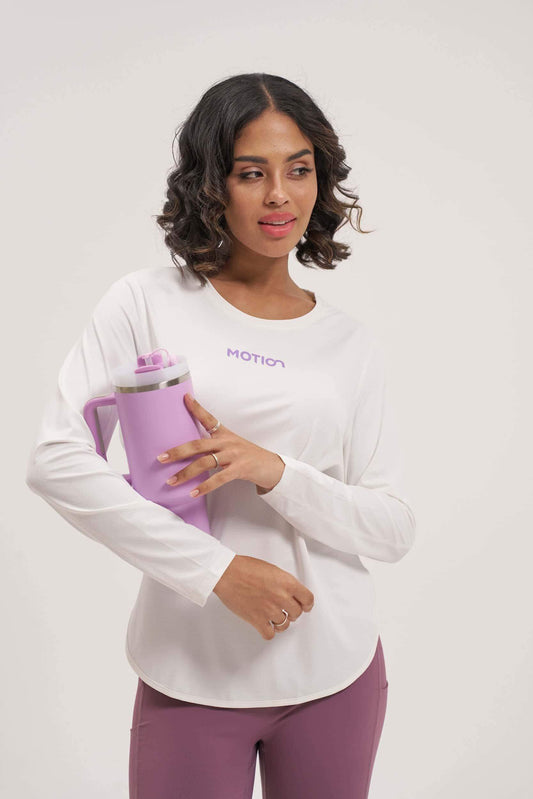 Motion Activewear white long sleeve t-shirt for women – casual and comfortable fit
