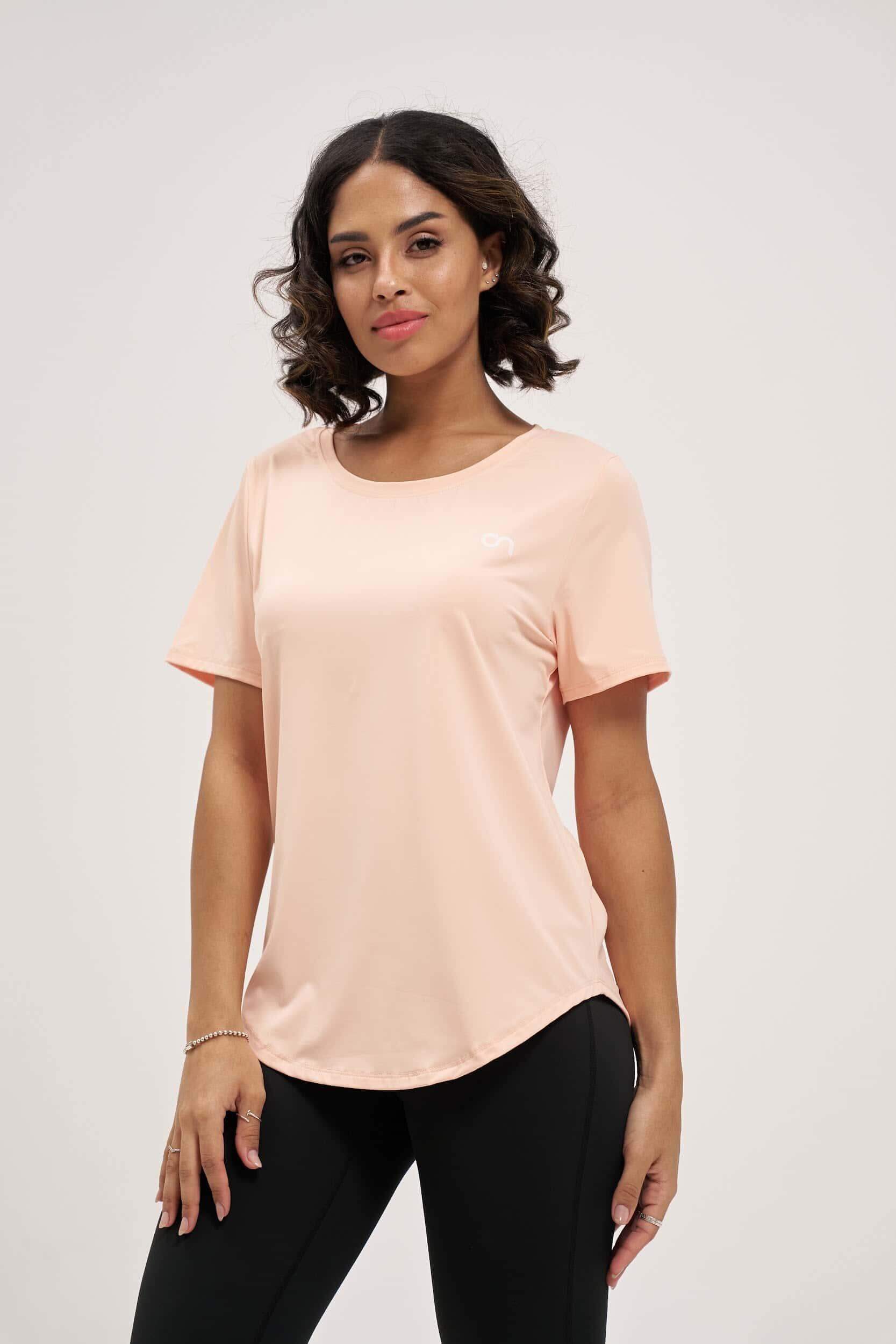 Peach color Women's sports t-shirts – half sleeve, stretchy, and ideal for activewear  
